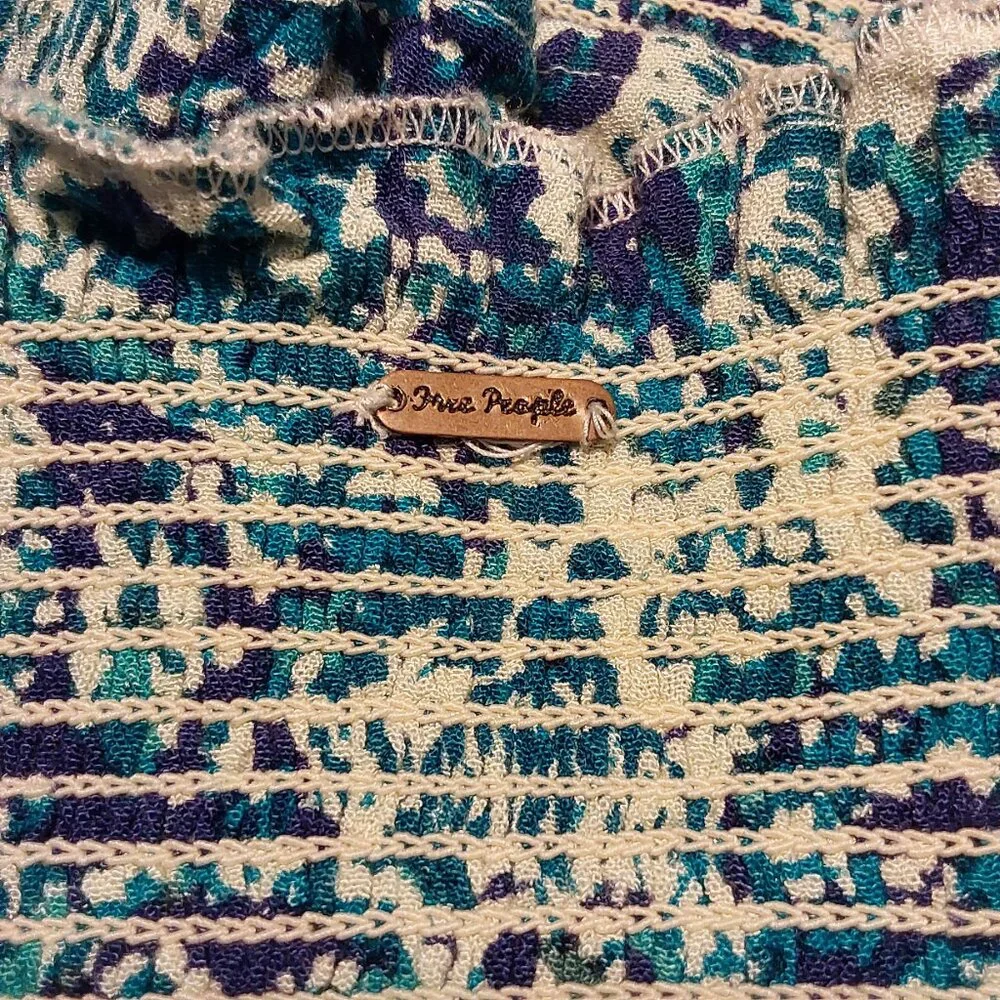 Free People Thalia Ruched Crop Top Sleeveless Square Neck Blue Purple Print - L